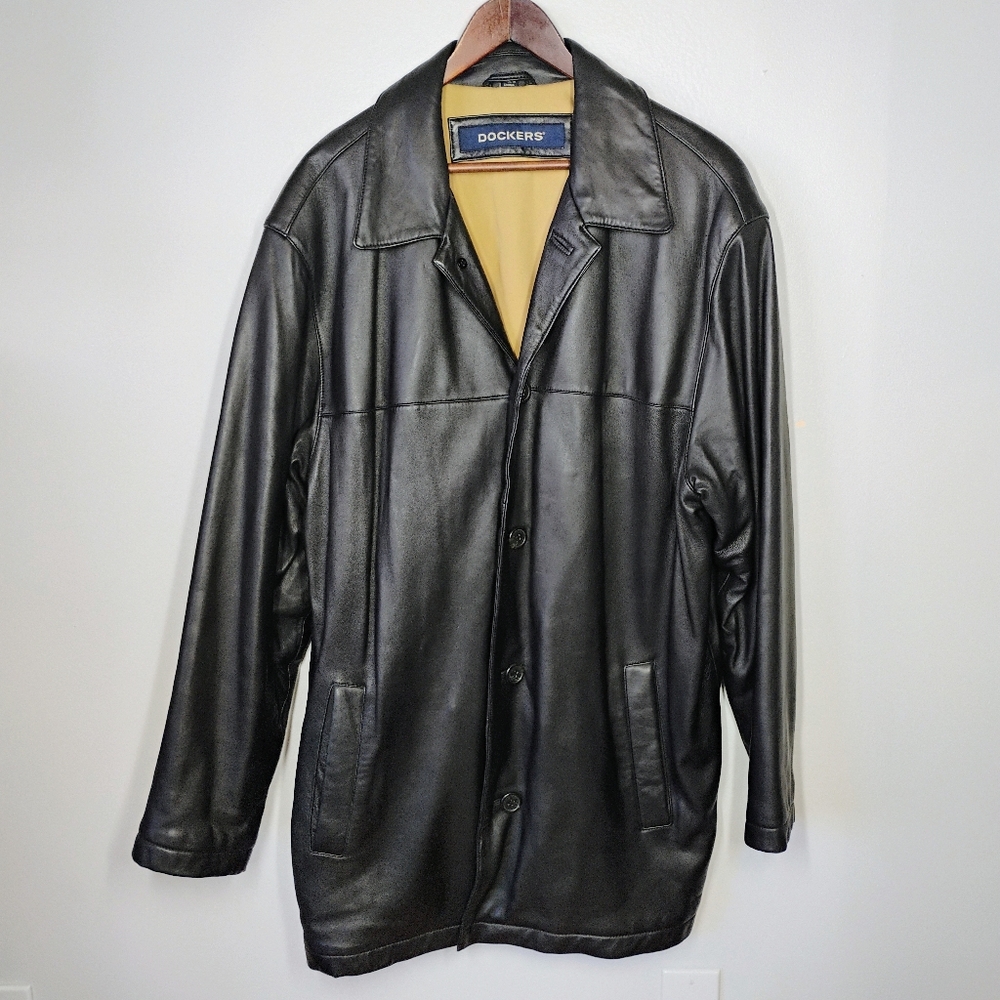 SOLD Dockers Black Lamb Leather Button Up Coat Jacket Mens Size Large - Picture 16 of 16